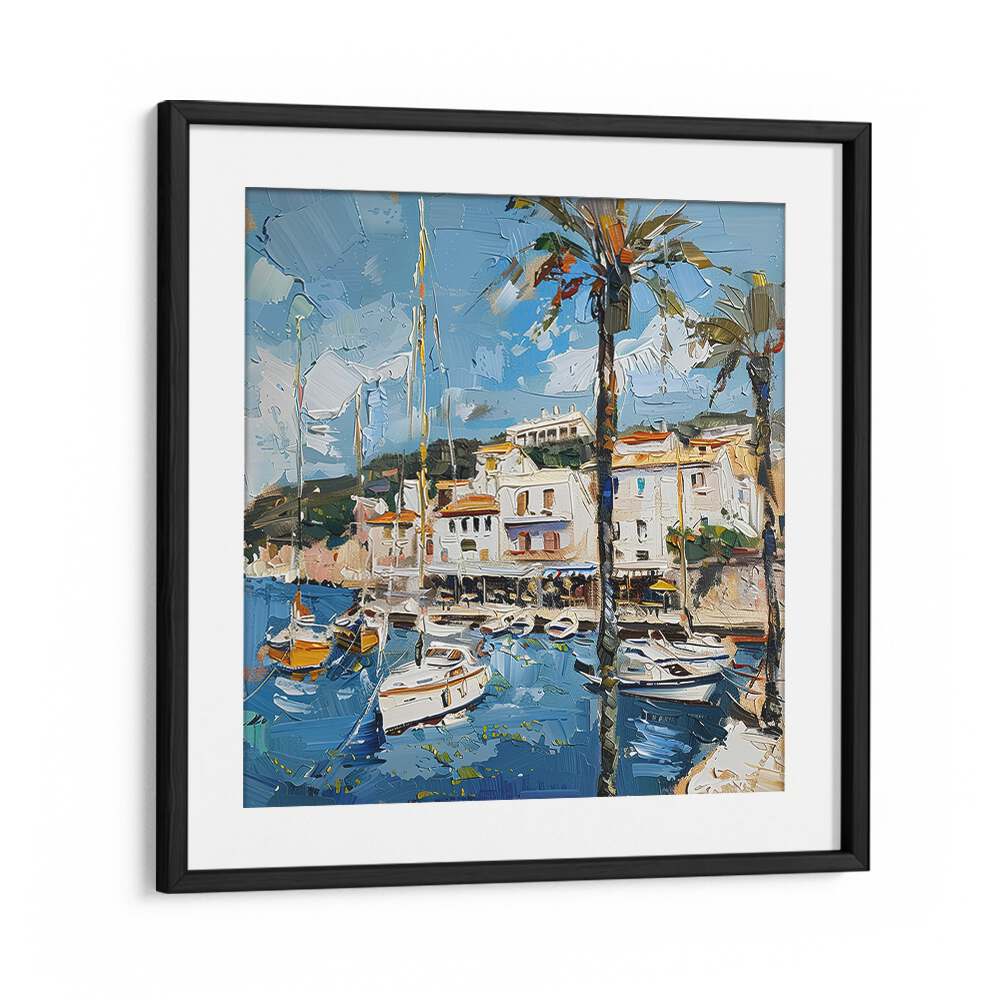 Colorful boats and palm trees in a scenic harbor, capturing the charm of SANT JUAN SPAIN in vibrant detail.
