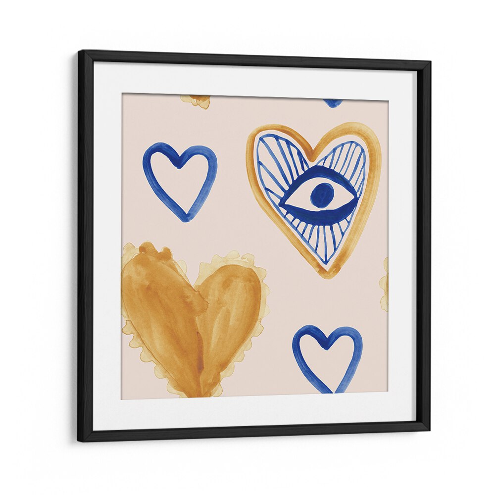 Colorful hearts and eye design in a framed artwork, showcasing WATERCOLOUR TILE, SURREAL ART PRINTS for stylish decor.