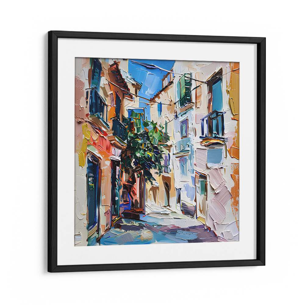 Vibrant artwork of MALLORCA STREET, showcasing a charming alley with colorful buildings and lush greenery.