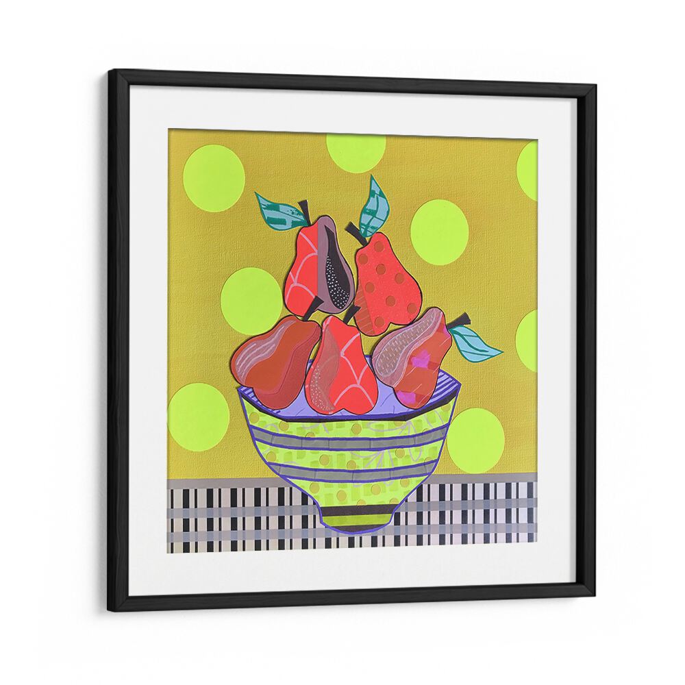 Brightly colored PEARS AND TEARS, KITCHEN POSTERS featuring vibrant pears in a whimsical bowl, perfect for home décor.