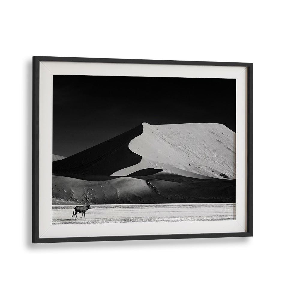 Stunning black and white scene featuring dunes and wildlife in THE SOLITARY, PHOTOGRAPHY PRINTS collection.