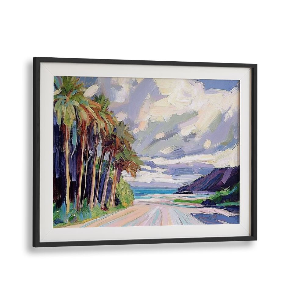 Vibrant scene of palm trees lining the ROAD TO THE BEACH, perfect for sun-soaked adventures and seaside relaxation.