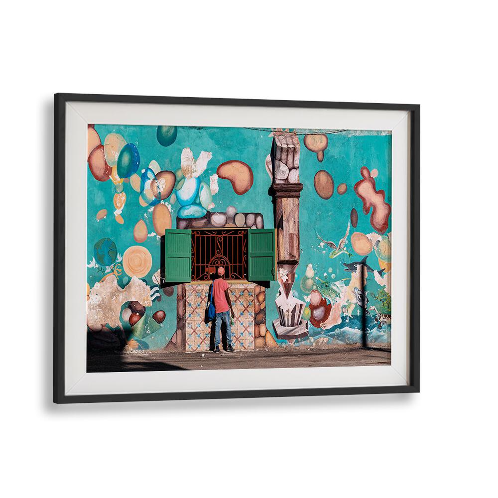 Colorful street scene featuring a person at a window in "GETTING SOMETHING TO DRINK, PHOTOGRAPHY PRINTS" collection.