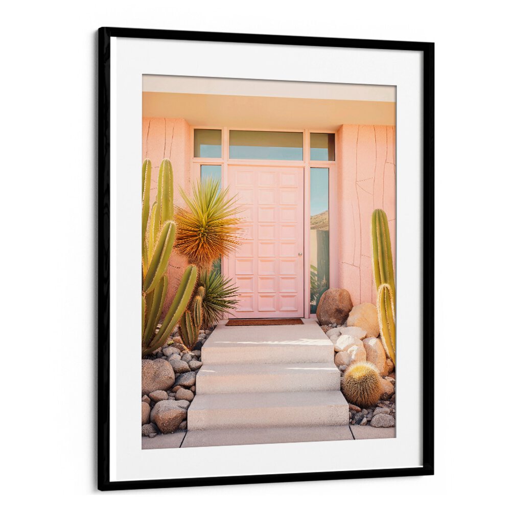 Bright pink mid-century door framed by cacti, perfect for PINK MID-CENTURY, BEACH PAINTINGS lovers. Ideal décor by Philippe Hugonnard.