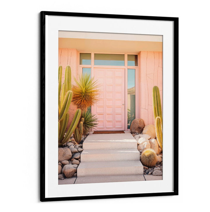 Bright pink mid-century door framed by cacti, perfect for PINK MID-CENTURY, BEACH PAINTINGS lovers. Ideal décor by Philippe Hugonnard.