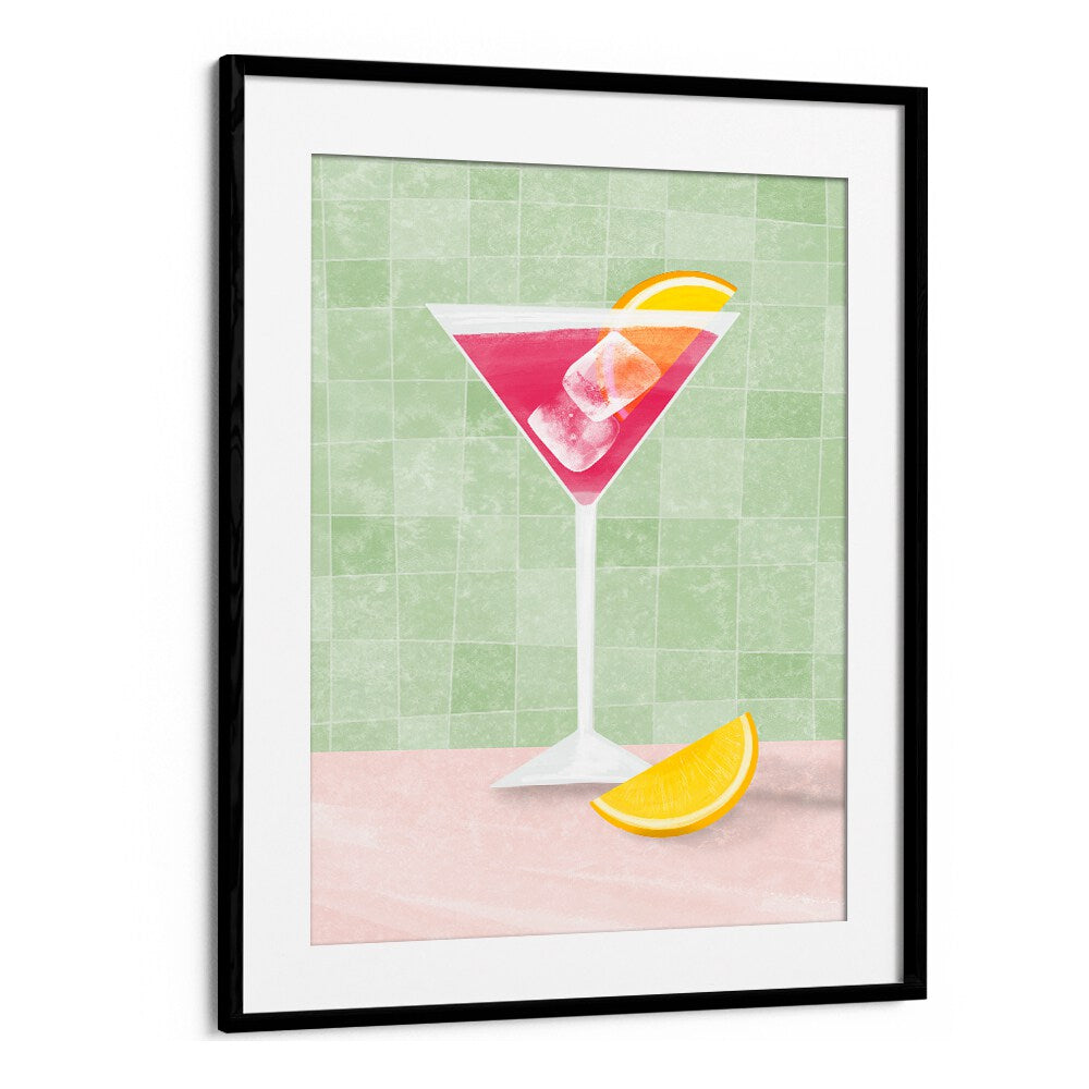 Vibrant PINK COCTAIL II, BAR art print featuring a refreshing cocktail on a green tiled background. Perfect for cafes!