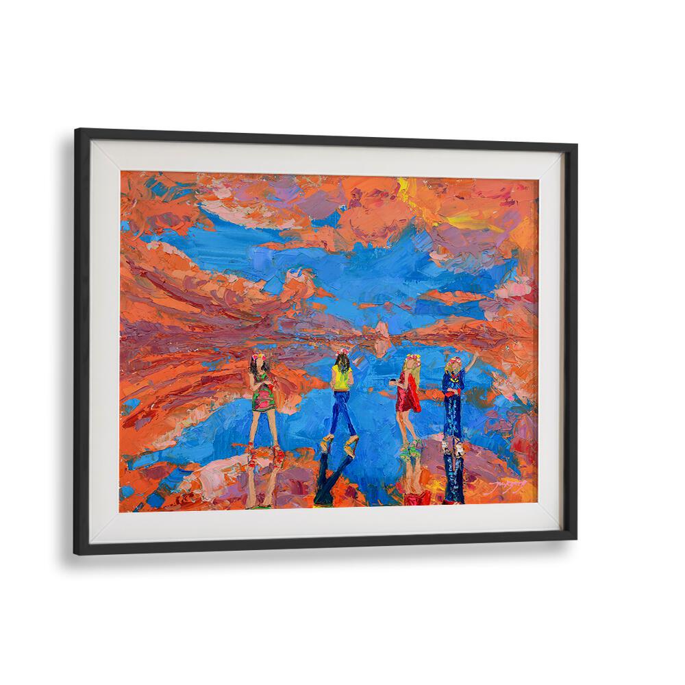 Vibrant SKY FASHION SHOW, PORTRAITS artwork featuring stylish figures against a colorful landscape backdrop.
