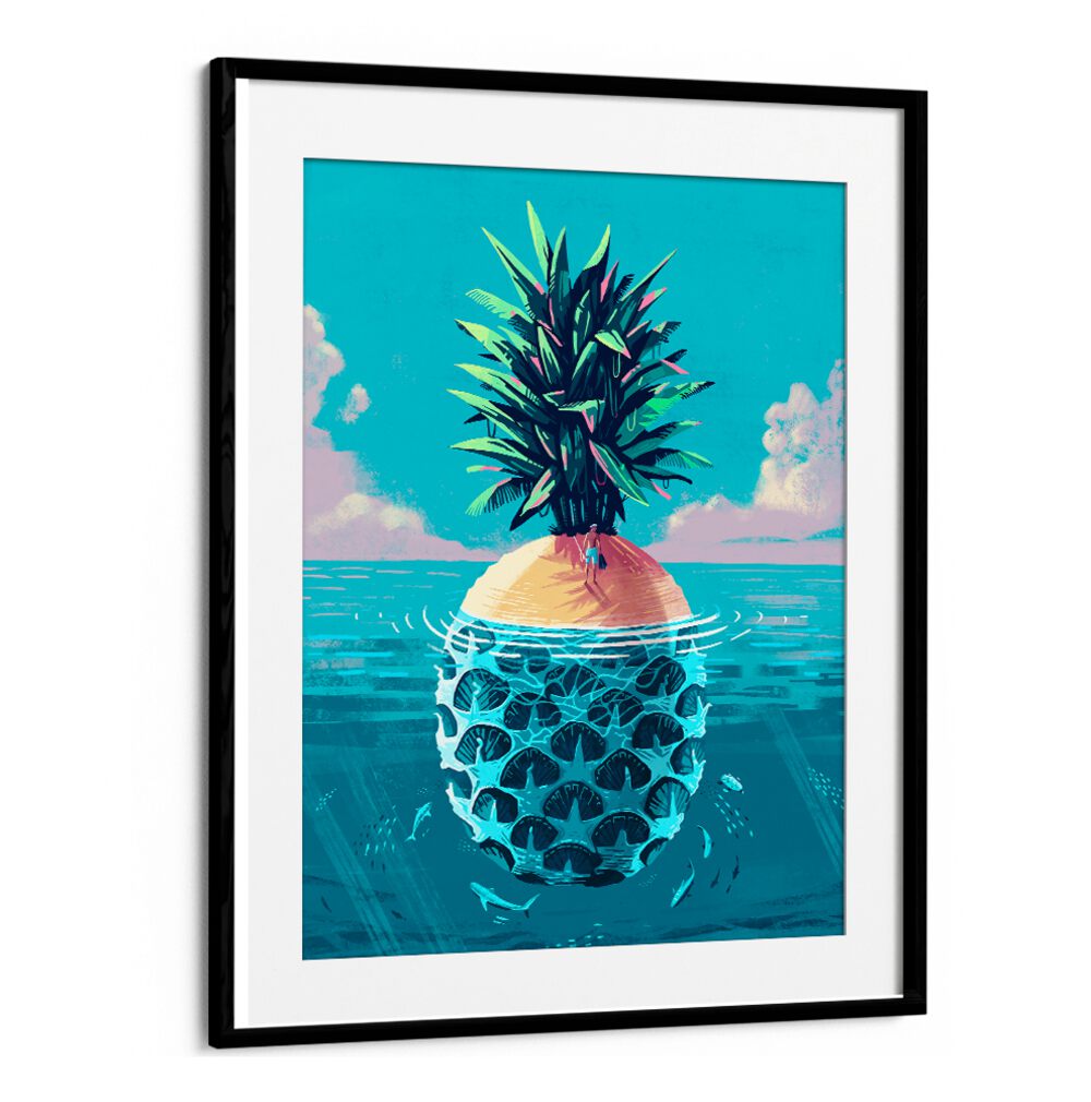 Colorful artwork of a pineapple island, reflecting the theme of STRANDED ON PINEAPPLE ISLAND, BEACH PAINTINGS.