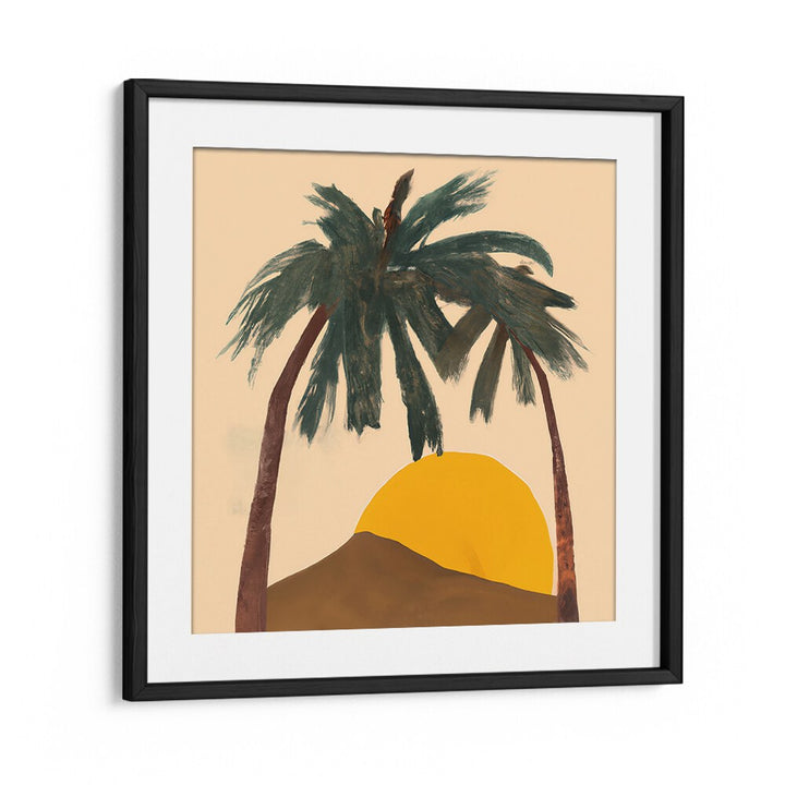 ARCHY PALMS , BEACH PAINTINGS featuring abstract palm trees and sunset in a black frame from Blackmount collection.