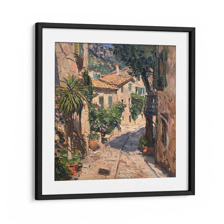 Stylish artwork titled STREET IN MALLORCA II featuring a charming cobblestone street scene. Perfect for any space.