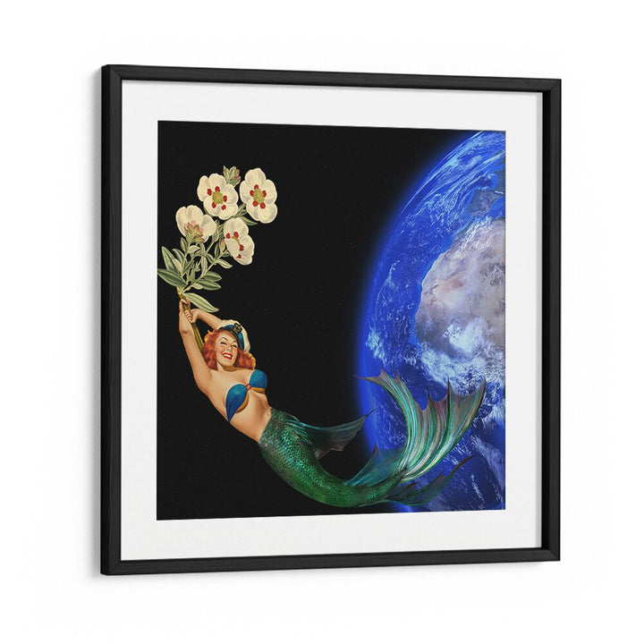 Surreal art print featuring a whimsical mermaid floating with flowers, embodying the essence of SWIMMING AWAY, SURREAL ART PRINTS.