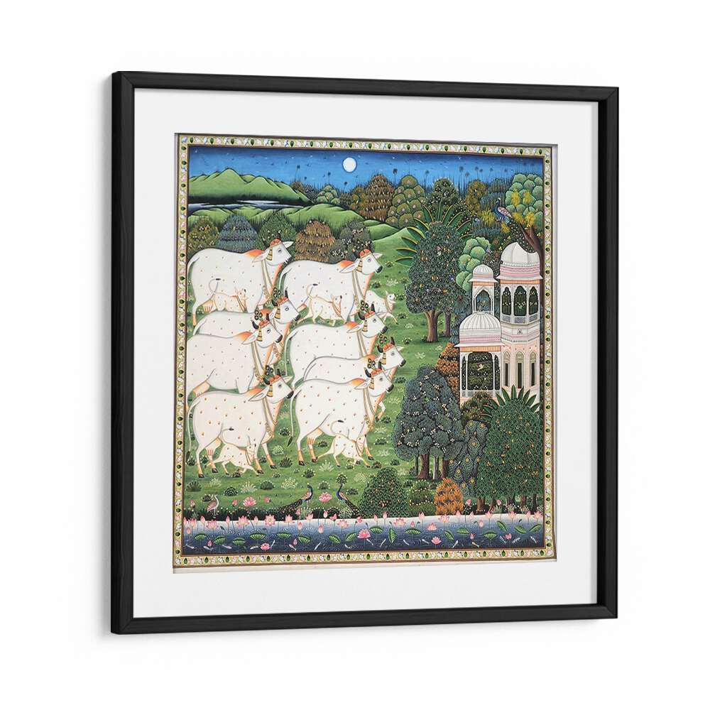 COW AND CALF PICHWAI, INDIAN ART PAINTINGS showcasing traditional rural life in vibrant hand-painted detail.