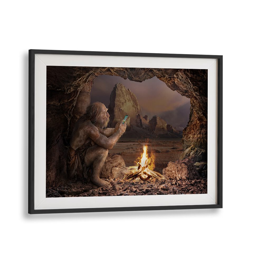 Surrealist HOMO SAPIENS MEDIA photography prints featuring a caveman with a smartphone by a fire.