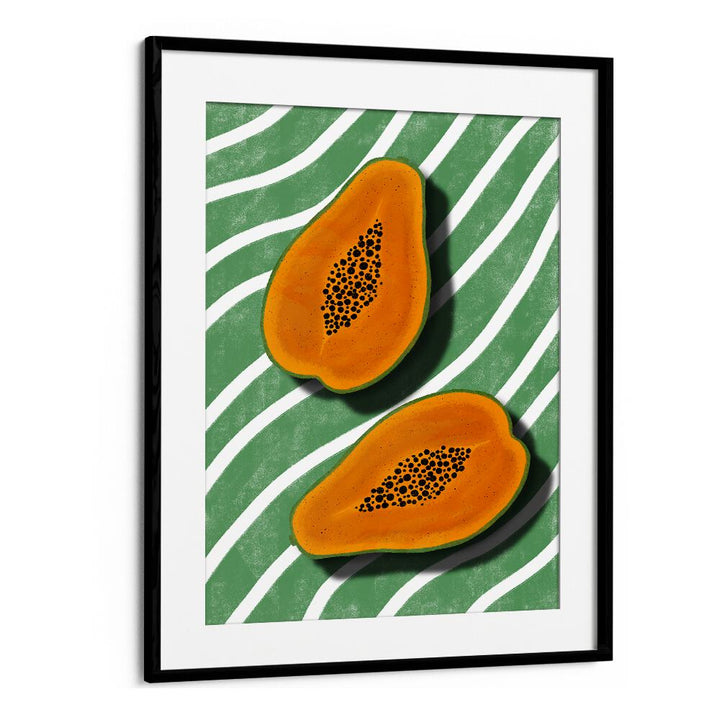 Stylish PAPAYAS, KITCHEN POSTERS featuring vibrant papaya artwork on a green striped background for your kitchen decor.