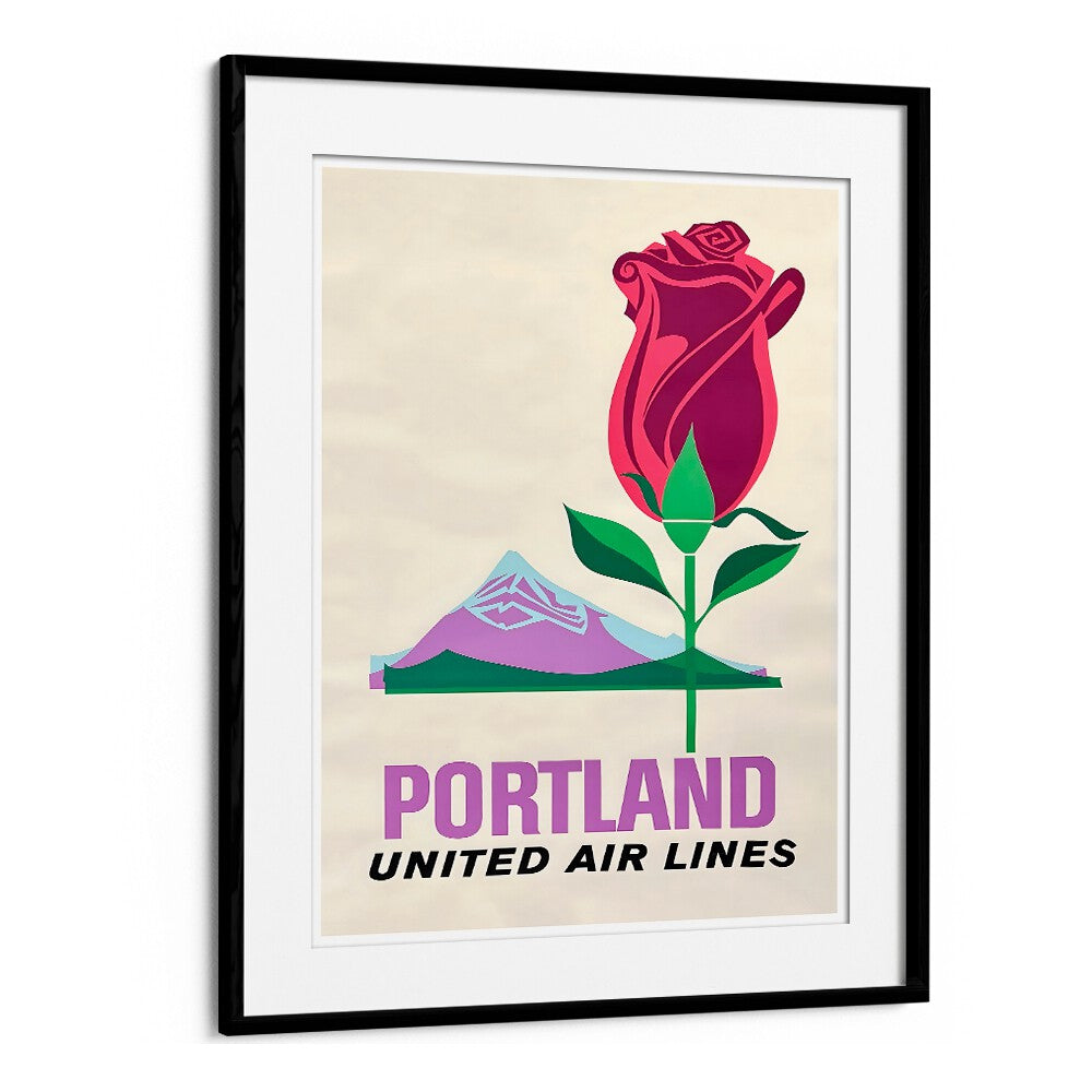 PORTLAND UNITED AIR LINES, VINTAGE TRAVEL POSTERS feature a vibrant design with a rose and mountain backdrop, evoking nostalgia.