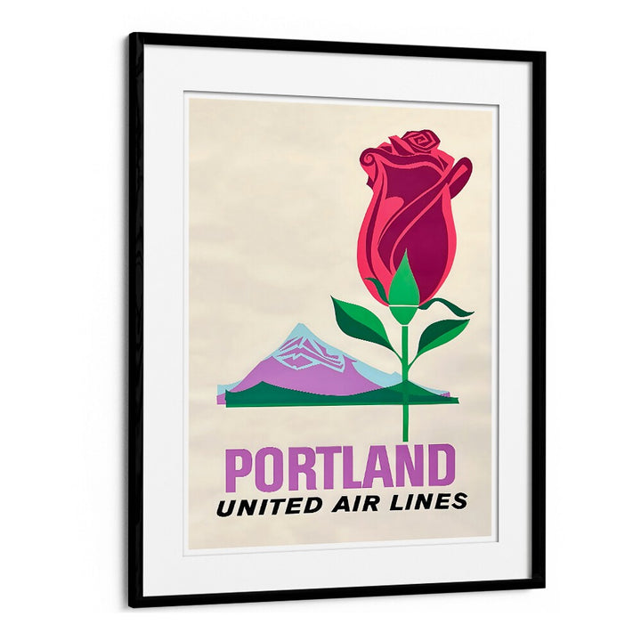 PORTLAND UNITED AIR LINES, VINTAGE TRAVEL POSTERS feature a vibrant design with a rose and mountain backdrop, evoking nostalgia.