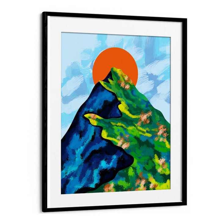 Vibrant artwork featuring mountains and a sun, perfect for enhancing your space with BRIGHT HORIZON, LANDSCAPE PAINTINGS.