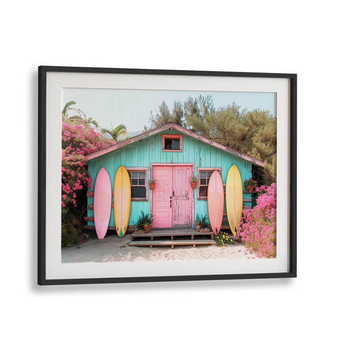Vibrant PARADISE LOST, BEACH PAINTINGS featuring a serene beach house with colorful surfboards and blooming flowers.