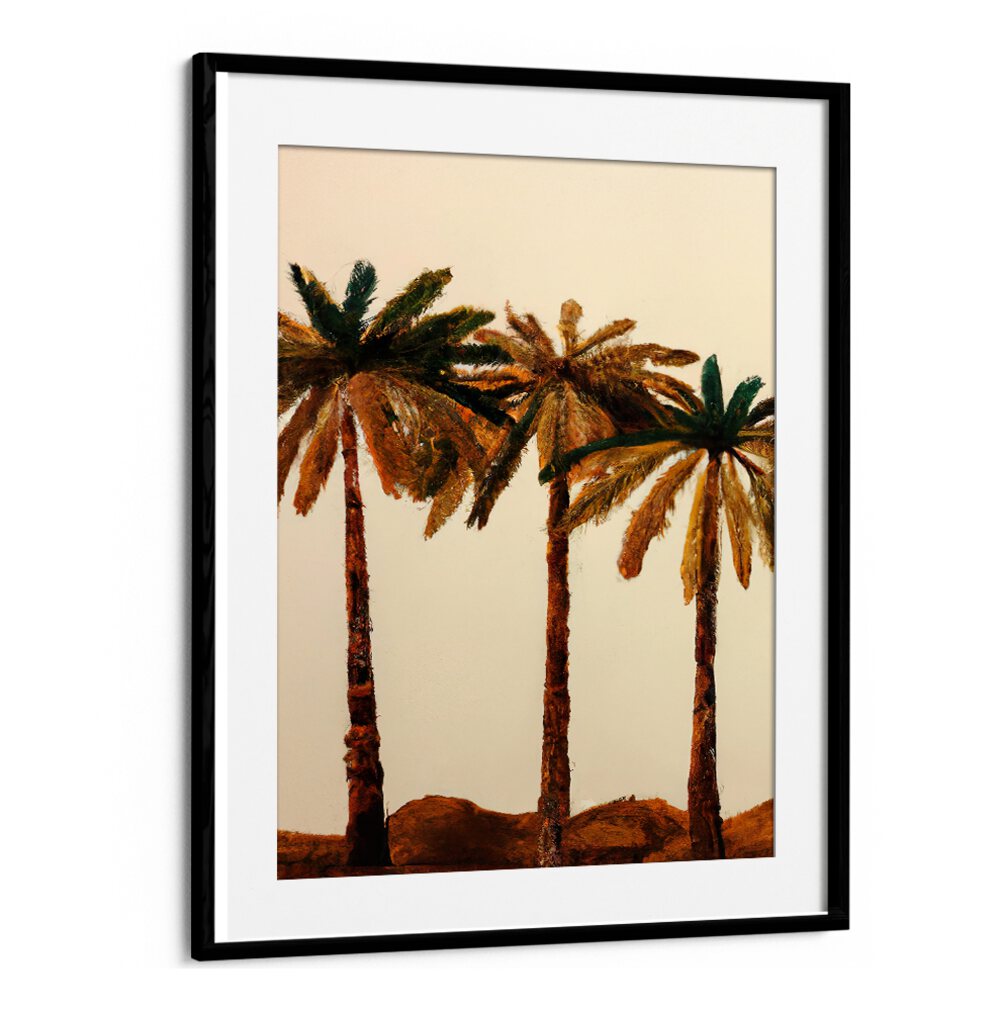 PALM TRIO , BEACH PAINTINGS featuring three palm trees with textured brown tones, perfect for coastal decor at Blackmount.