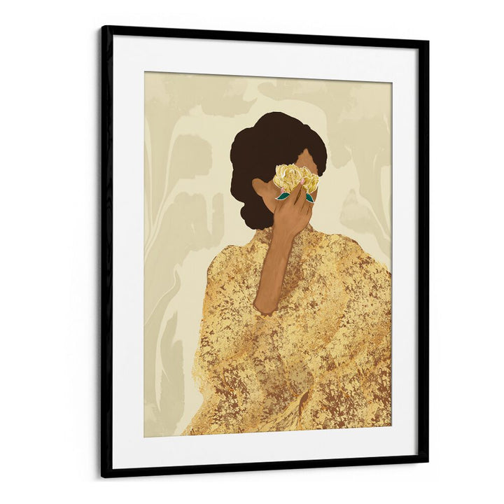 Elegant WOMAN WITH GOLD PEONY, PORTRAITS artwork showcasing Indian traditional artistry and divine femininity.