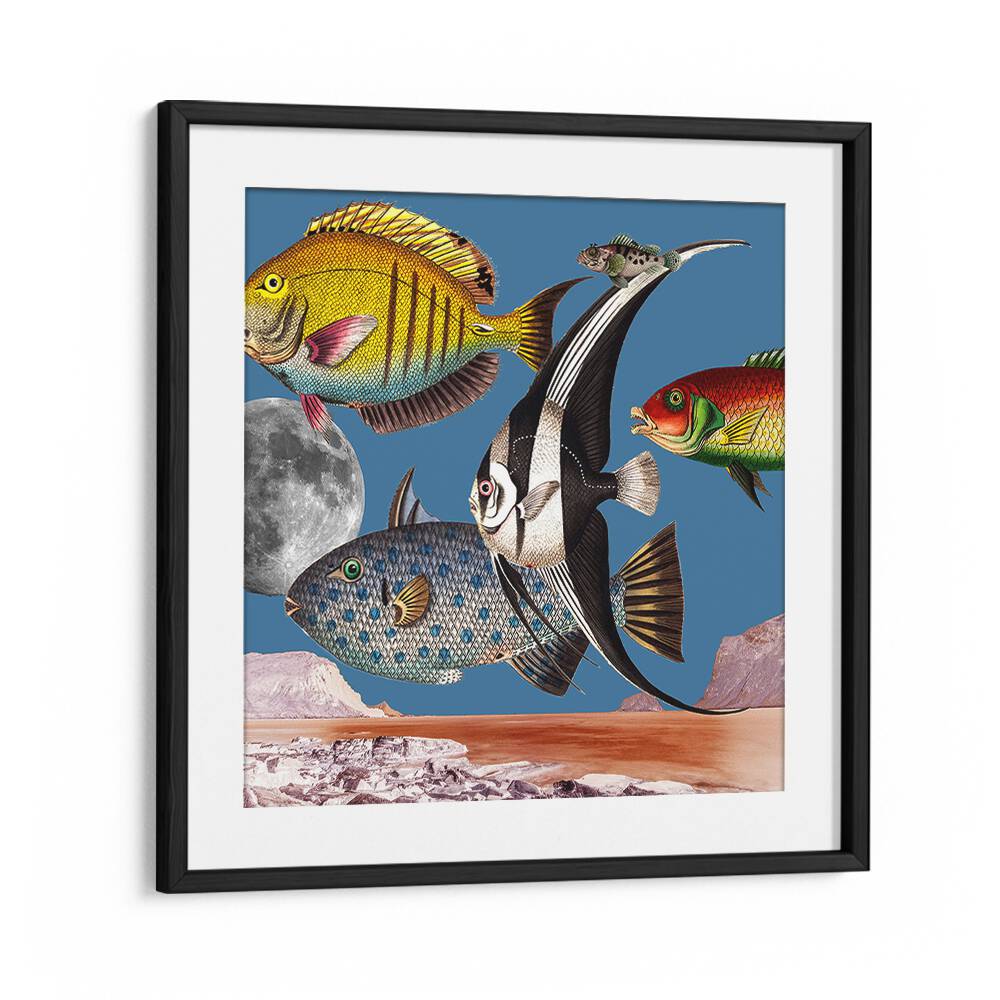 Vibrant FISH WORLD BLUE, BEACH PAINTINGS digital collage showcasing colorful marine life, perfect for ocean enthusiasts.
