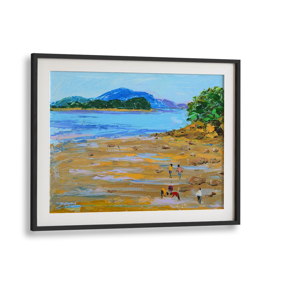 Colorful BEACH STORY II, BEACH PAINTINGS depicting a serene beach scene with people enjoying the shoreline.