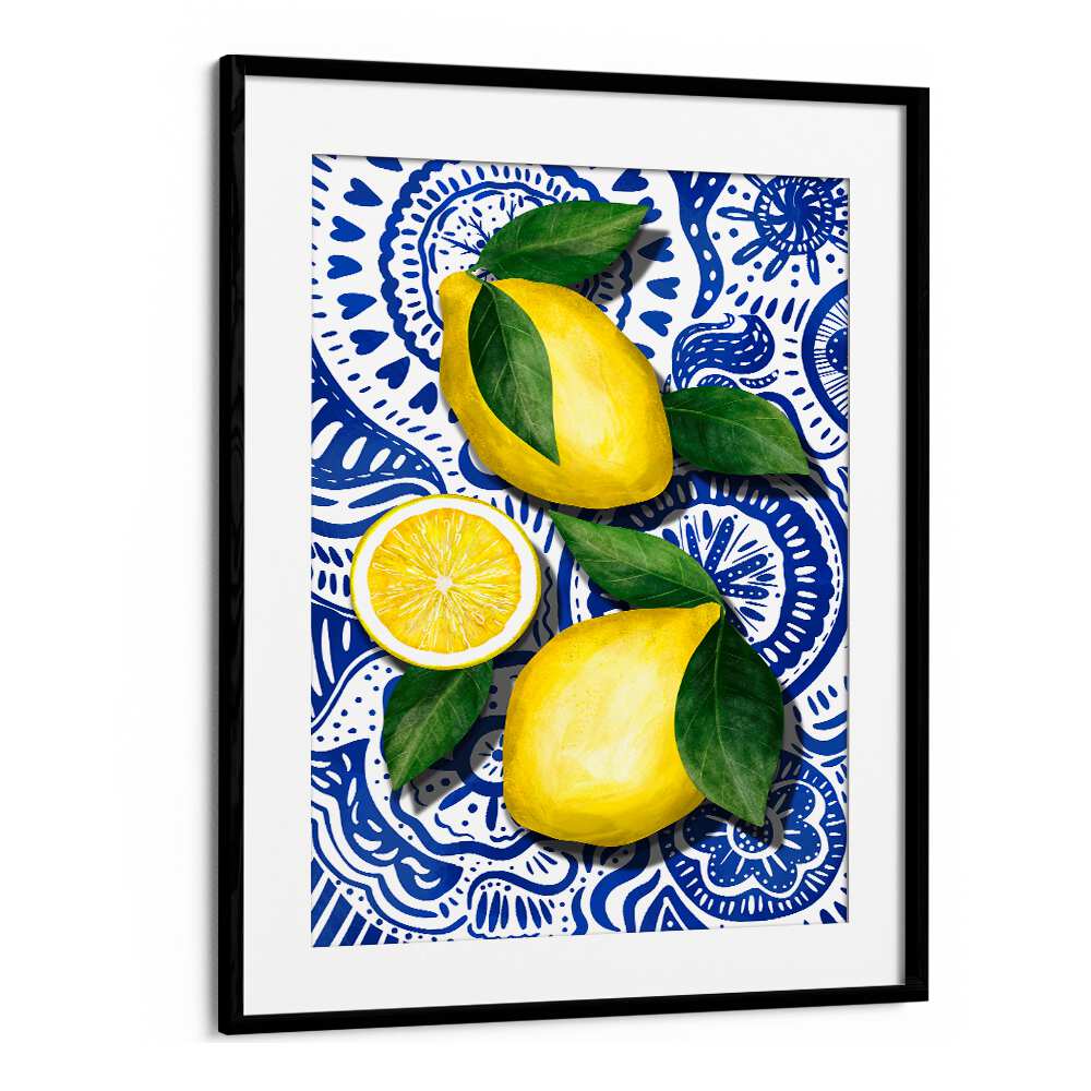 Vibrant LIMONES, KITCHEN POSTERS featuring lemons and decorative blue background, perfect for brightening your kitchen decor.