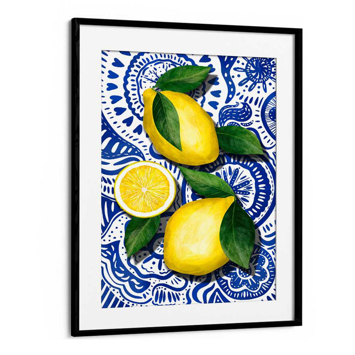 Vibrant LIMONES, KITCHEN POSTERS featuring lemons and decorative blue background, perfect for brightening your kitchen decor.