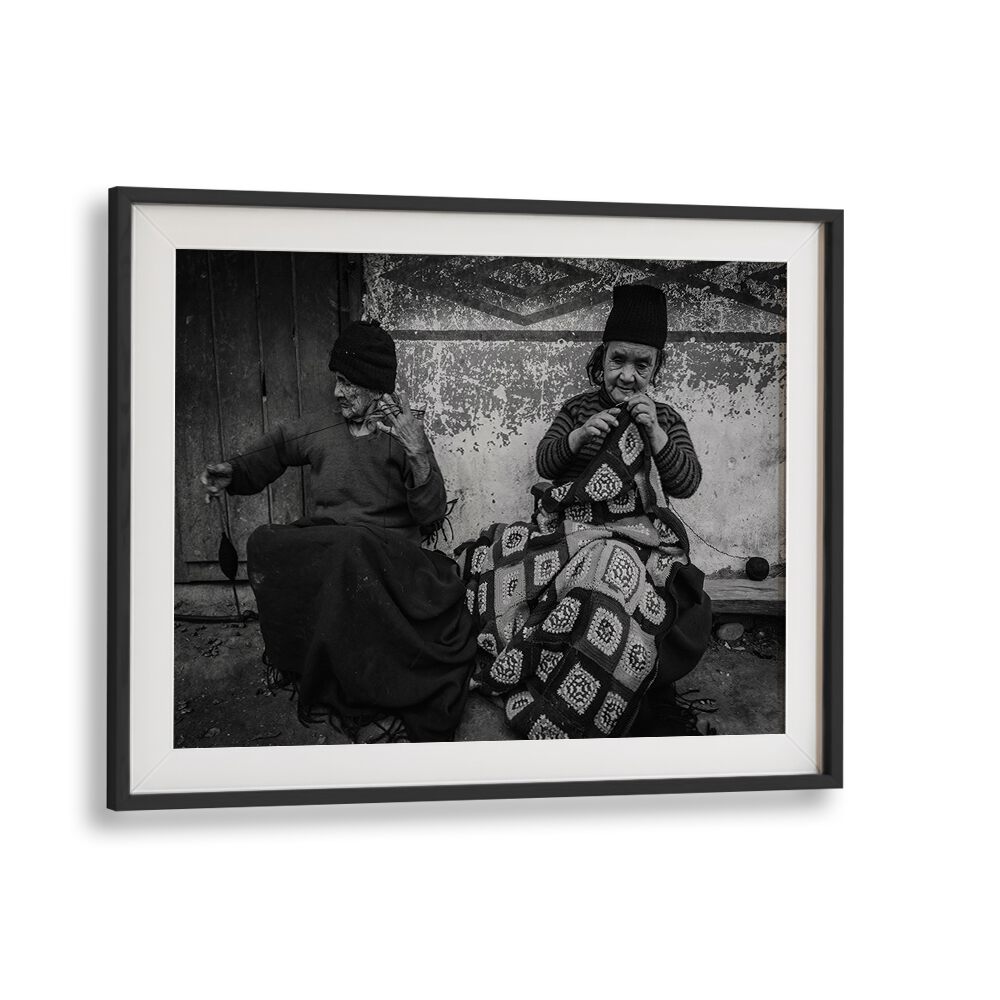 Two elderly women knitting together, showcasing connection in "KNITTING SISTERS, PHOTOGRAPHY PRINTS" collection.