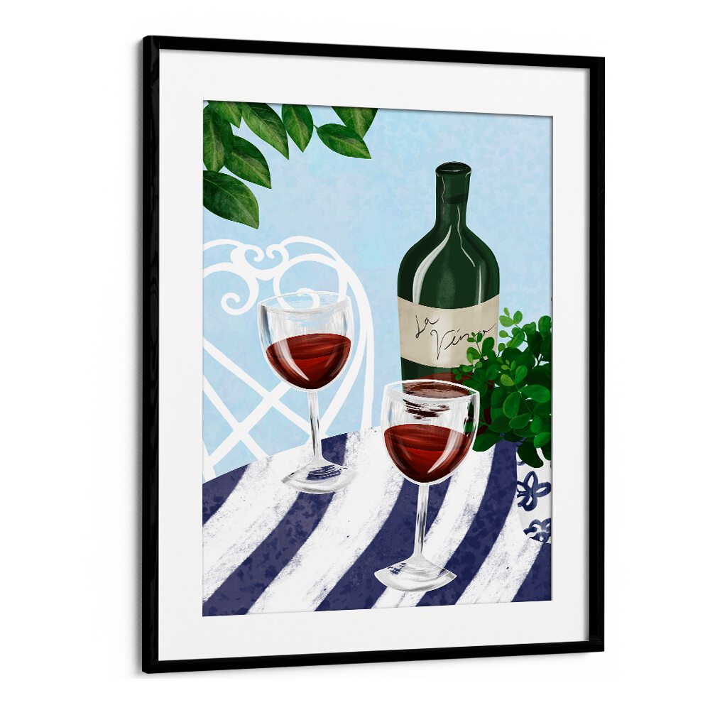 Enjoy the serene vibe of RED WINE UNDER THE TREE, BAR & CAFE ART featuring a bottle and glasses of red wine.