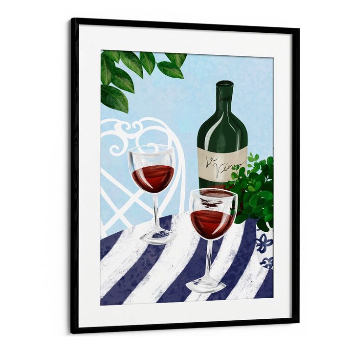 Enjoy the serene vibe of RED WINE UNDER THE TREE, BAR & CAFE ART featuring a bottle and glasses of red wine.