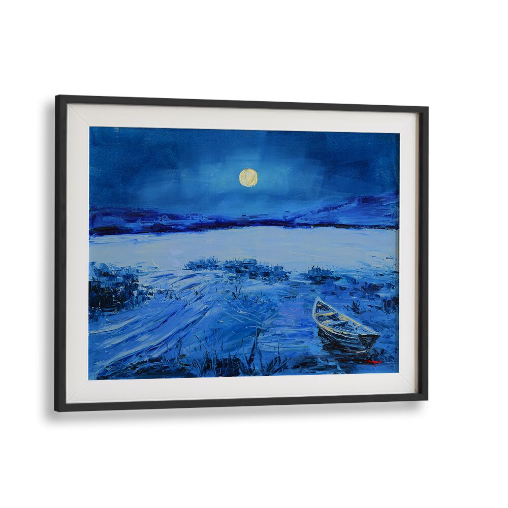 Vibrant FULL MOON, LANDSCAPE PAINTINGS featuring a serene night scene with a boat on a calm lake. Perfect for any room.