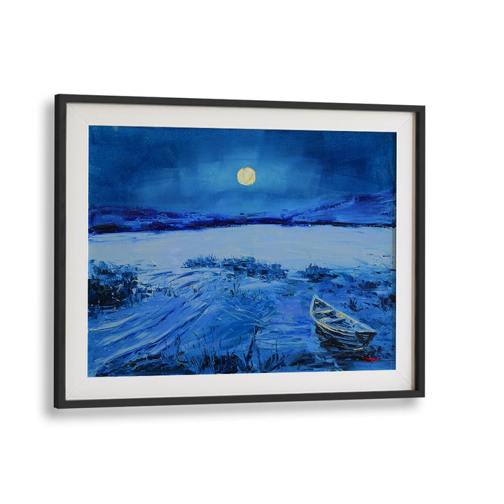 Vibrant FULL MOON, LANDSCAPE PAINTINGS featuring a serene night scene with a boat on a calm lake. Perfect for any room.