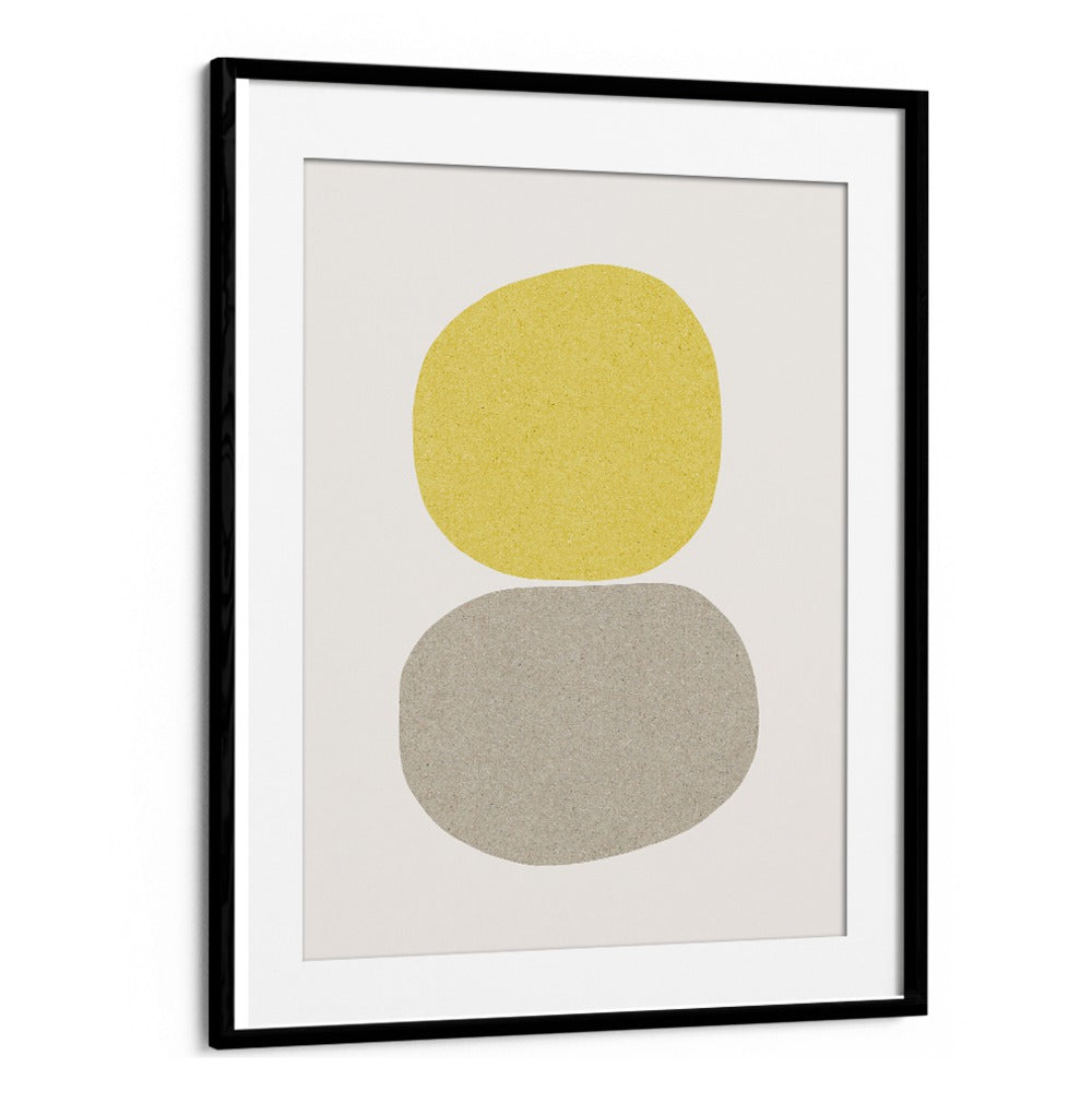 Brighten your space with HAPPY, ABSTRACT PAINTINGS featuring vibrant yellow and gray shapes for a joyful ambiance.