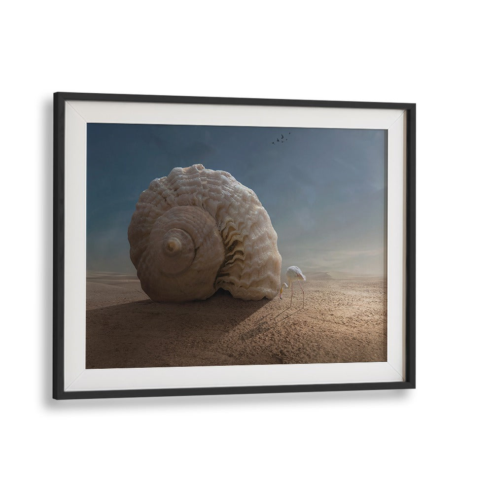 Surreal scene featuring a giant shell and flamingo, part of the WHAT'S INSIDE, PHOTOGRAPHY PRINTS collection.