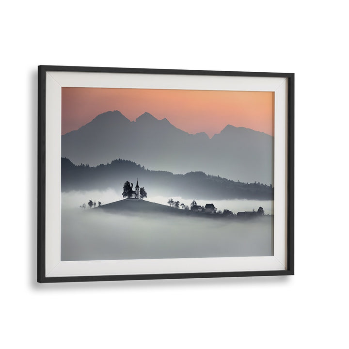 Serene landscape of dawn with mountains and mist, perfect for GLOWING MORNING, PHOTOGRAPHY PRINTS by Blackmount.