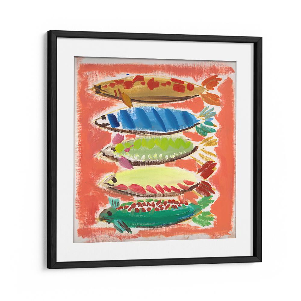 Colorful FIVE FISH, BEACH PAINTINGS showcasing vibrant fish against a warm backdrop, perfect for coastal decor.