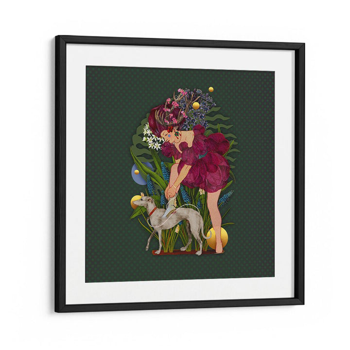 Whimsical scene from ENCHANTED FOREST IX, PORTRAITS featuring a girl with a dog amidst vibrant flora and magical details.