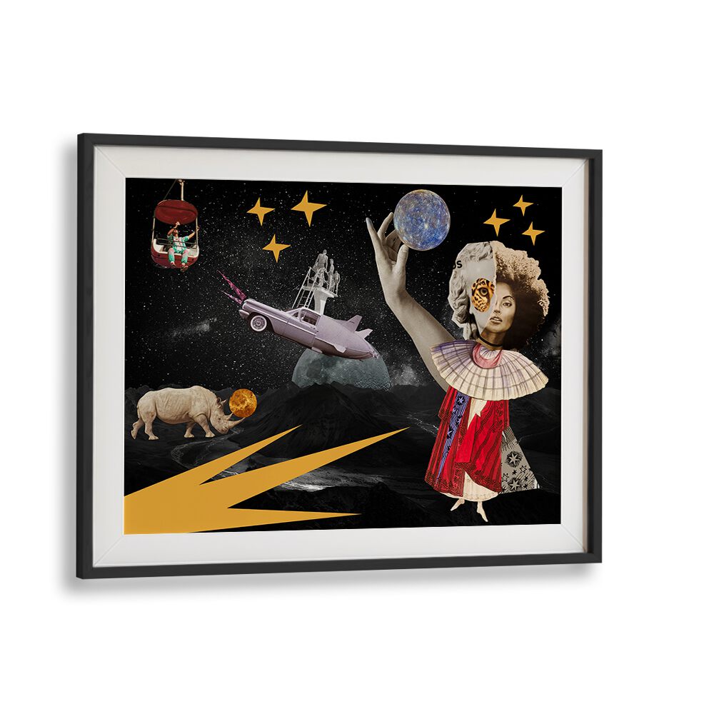 LUNA, SURREAL ART PRINTS features a vibrant collage of cosmic elements for modern decor in any space.