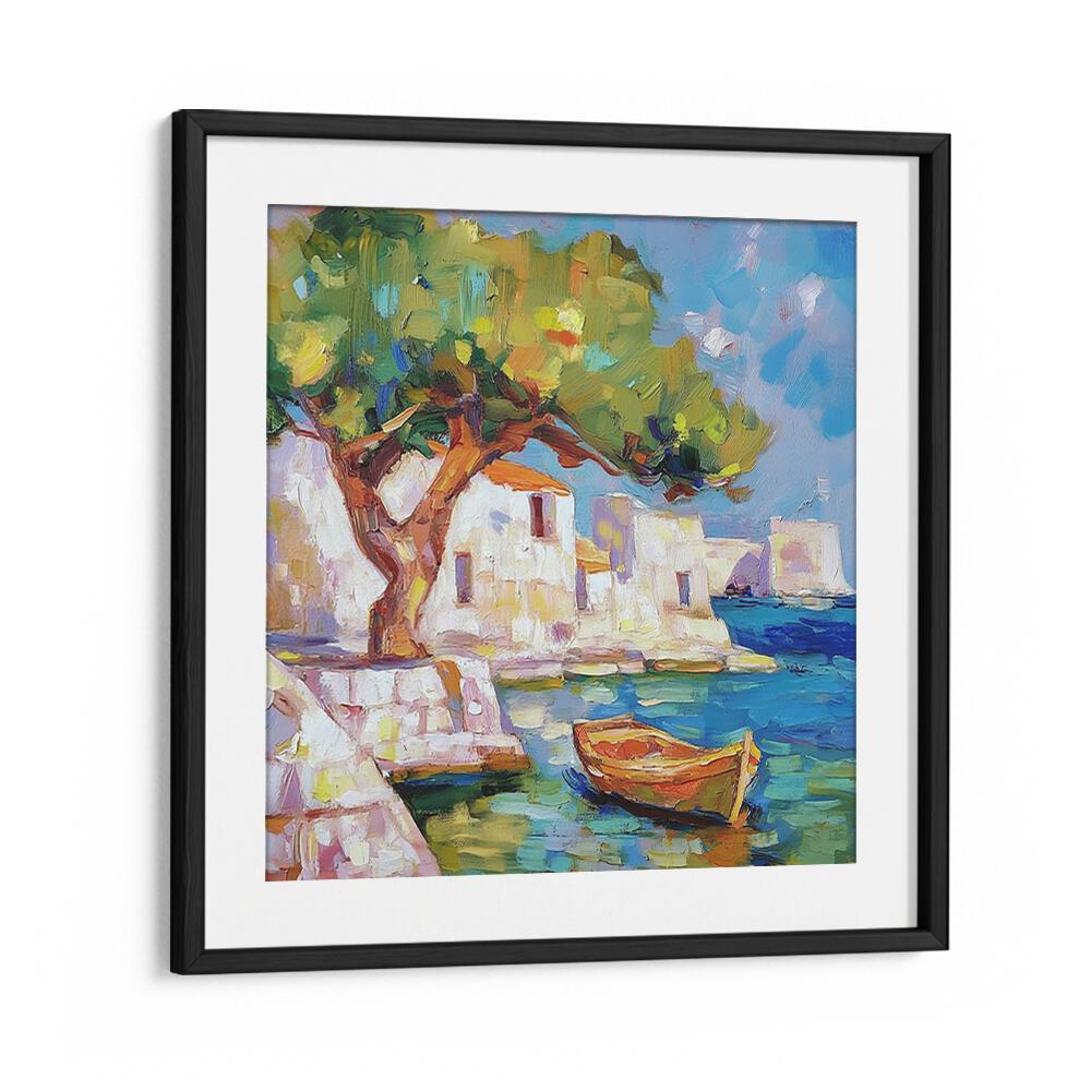 Colorful artwork of a serene BOAT BY THE SEA, perfect for enhancing coastal home decor.