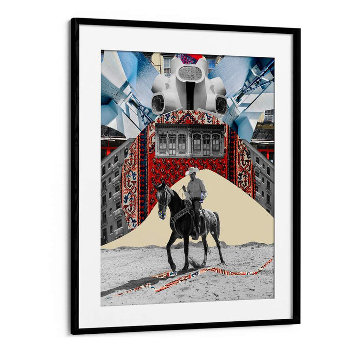 Surreal art print featuring a horseman against a vibrant backdrop, ideal for equestrian enthusiasts. HORSEMAN, SURREAL ART PRINTS.