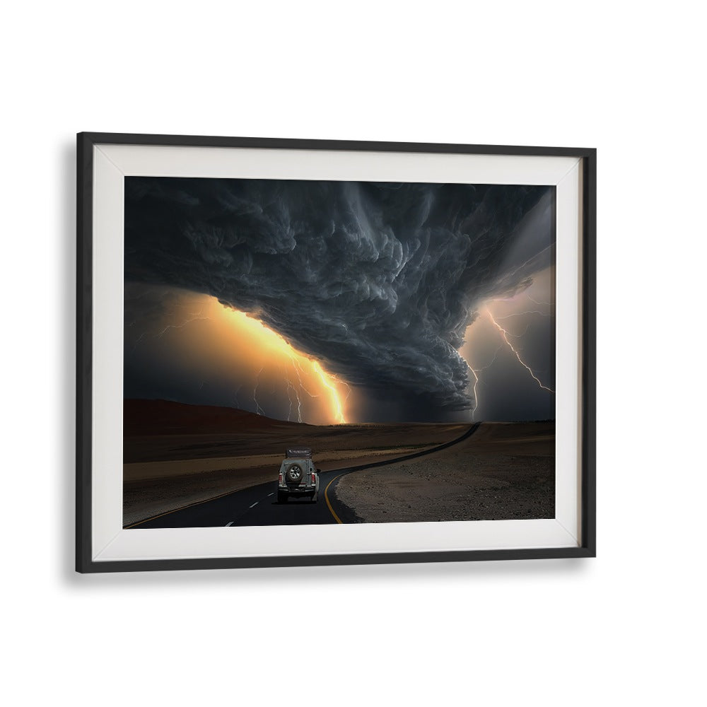 Dramatic storm scene on a winding road, showcasing STORM ROAD, PHOTOGRAPHY PRINTS that ignite imagination.