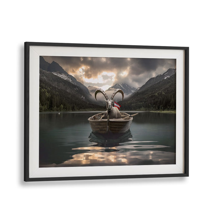 Surreal JAEGERSEE AUSTRIA photography prints featuring a goat in a boat against a stunning mountain backdrop.
