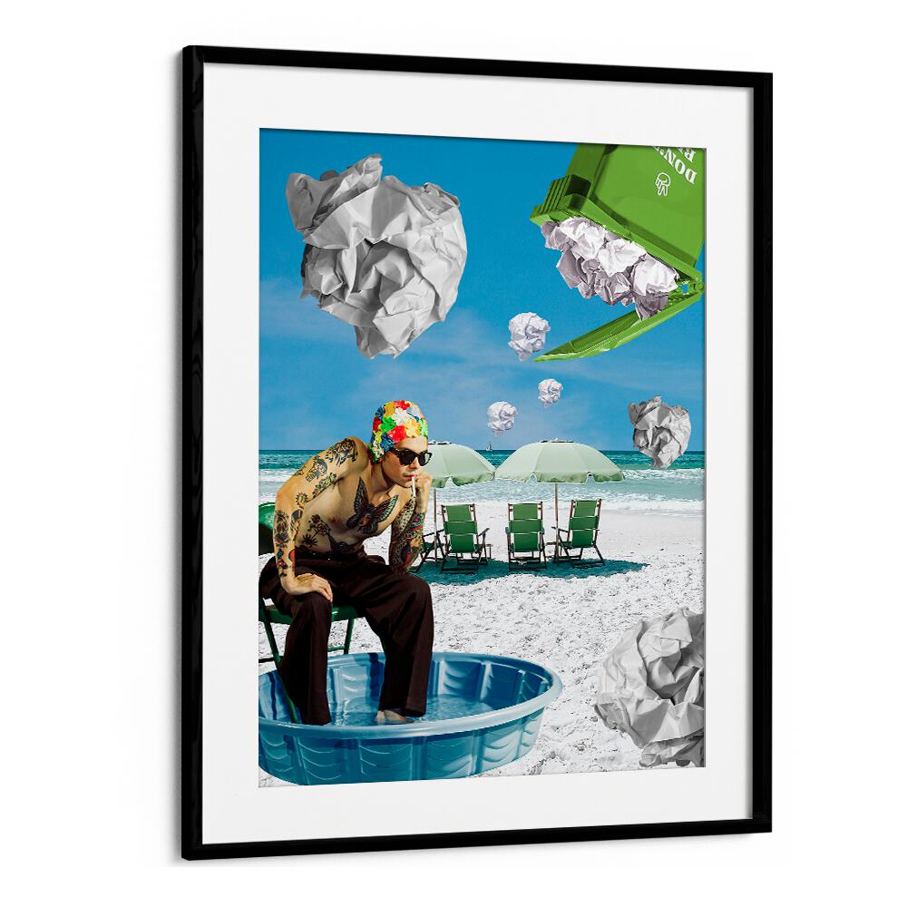 Surreal art print titled PAPER BEACH, showcasing vibrant beach elements and playful imagery for unique decor.