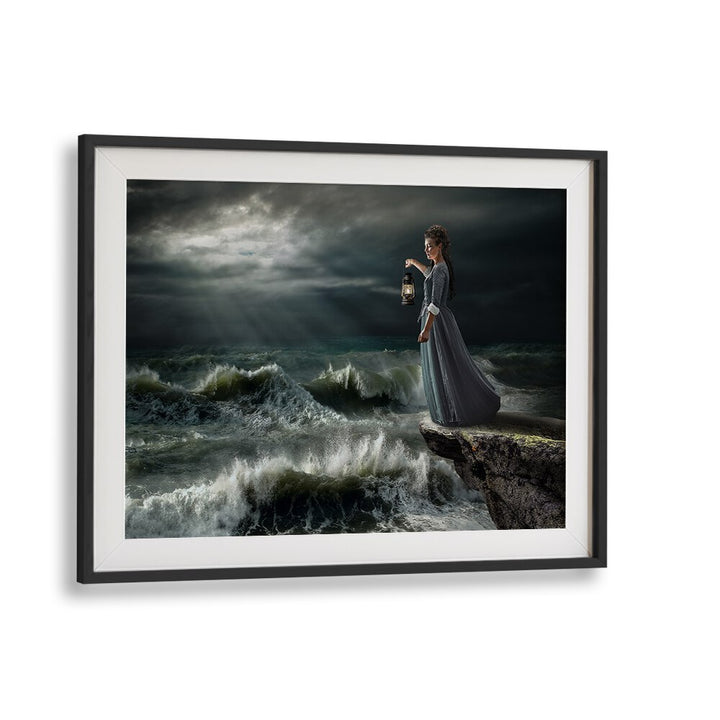 Surreal STORM MAID PHOTOGRAPHY PRINTS featuring a woman with a lantern by stormy seas, perfect for dreamlike decor.