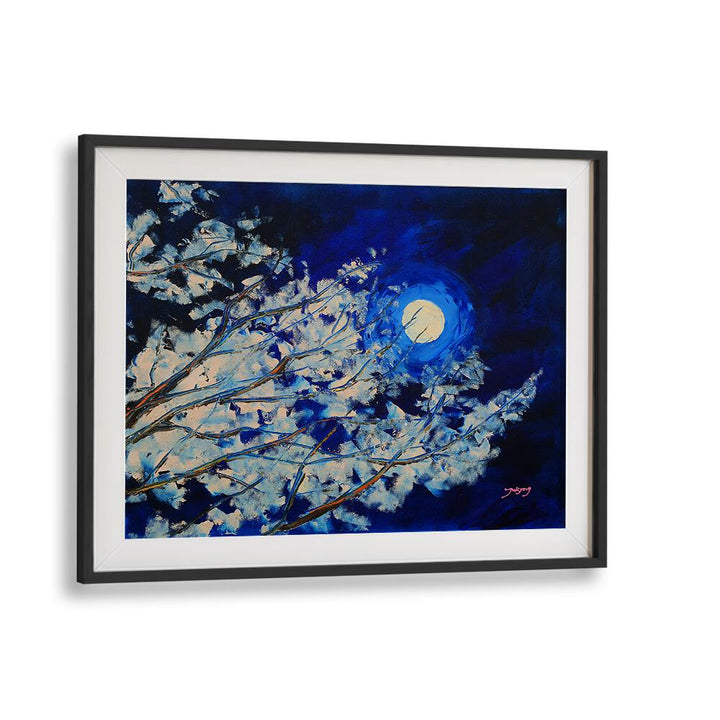 BLUEMOON, LANDSCAPE PAINTINGS showcase a vibrant moonlit scene with delicate branches against a deep blue sky.