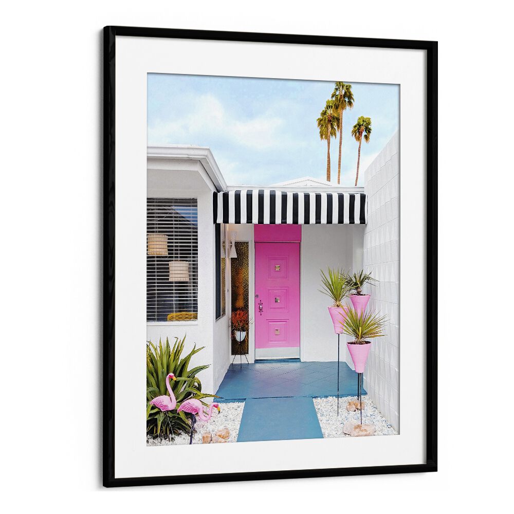 surreal painting - PINK DOOR WITH YARD FLAMINGOS by Asianmonk