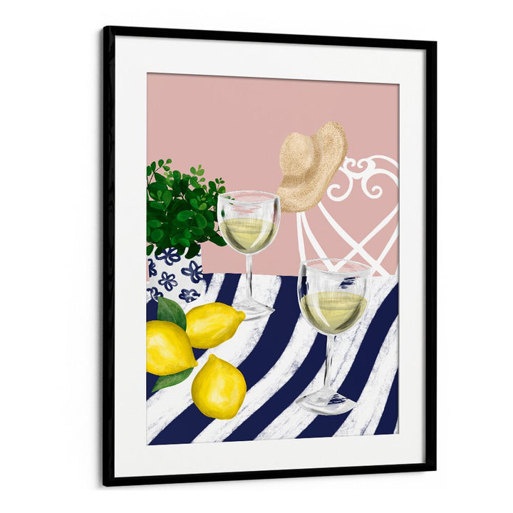 Stylish café art featuring two glasses of white wine for two, bar ambiance with lemons and greenery decor.