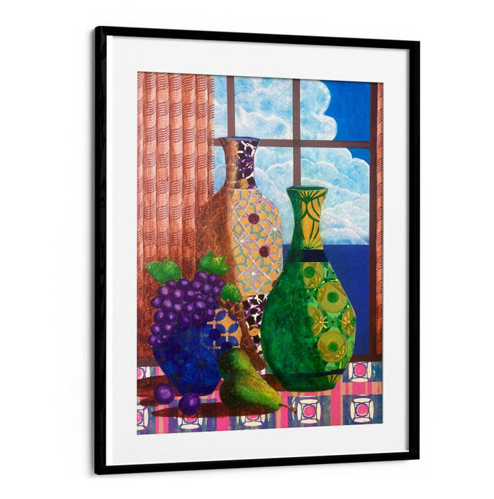 Colorful kitchen scene featuring vases and fruit, perfect for enhancing tranquility with QUIETUDE AT DAWN, KITCHEN POSTERS.