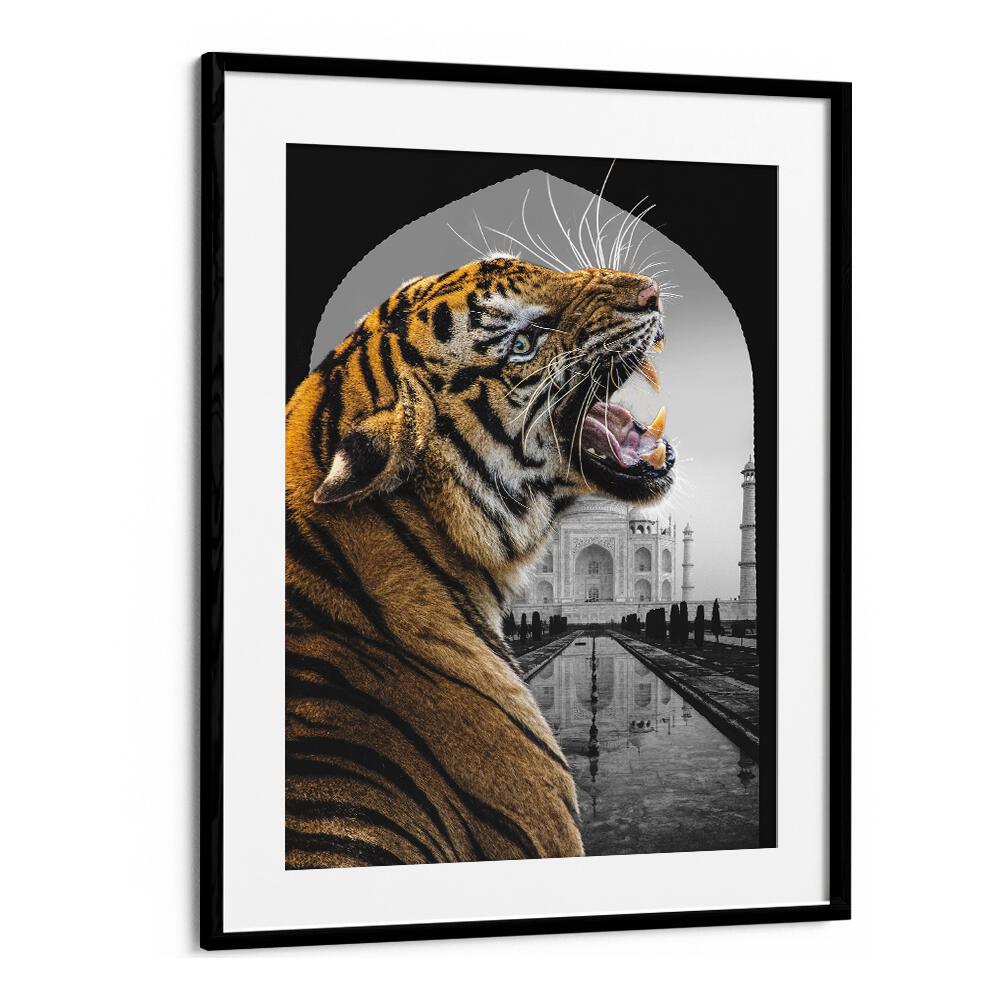 Stunning BENGALI STARE, ANIMAL PAINTINGS showcase a fierce tiger against a backdrop of iconic architecture.